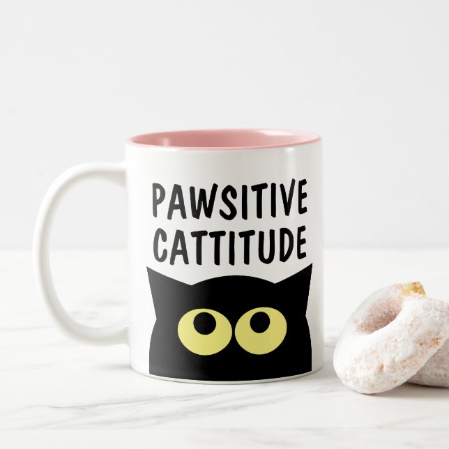 Pawsitive Cattitude funny cat cartoon coffee mug (With Donut)