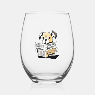 Pawsitive News Dog Reading Newspaper T-Shirt Stemless Wine Glass