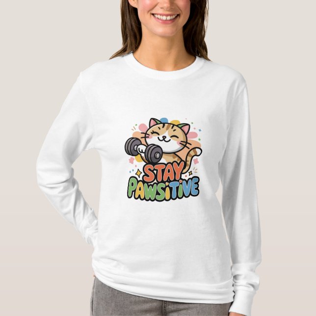 Pawsitive Vibes: A Cute Cat Workout T-Shirt (Front)