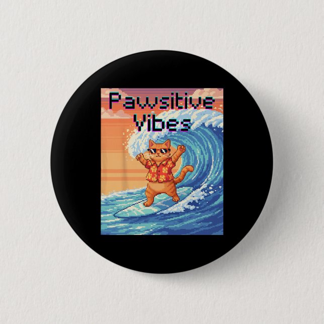 Pawsitive Vibes Cat Surfing - Pixel Art Wave  6 Cm Round Badge (Front)