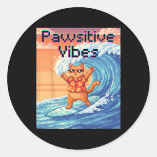 Pawsitive Vibes Cat Surfing - Pixel Art Wave  Classic Round Sticker