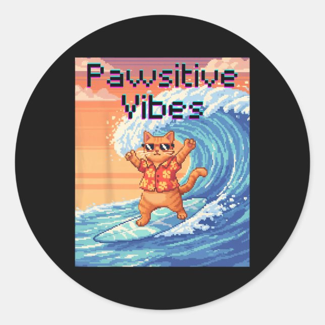 Pawsitive Vibes Cat Surfing - Pixel Art Wave  Classic Round Sticker (Front)
