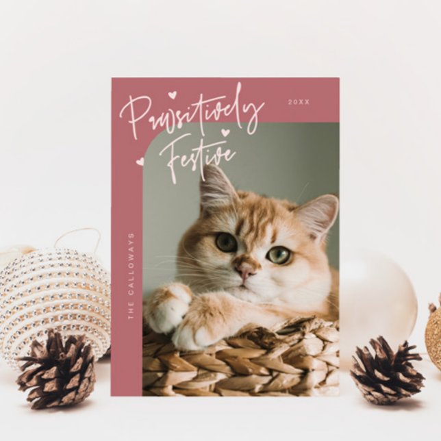 Pawsitively Festive Cat Photo Pink Christmas Holiday Card (Creator Uploaded)