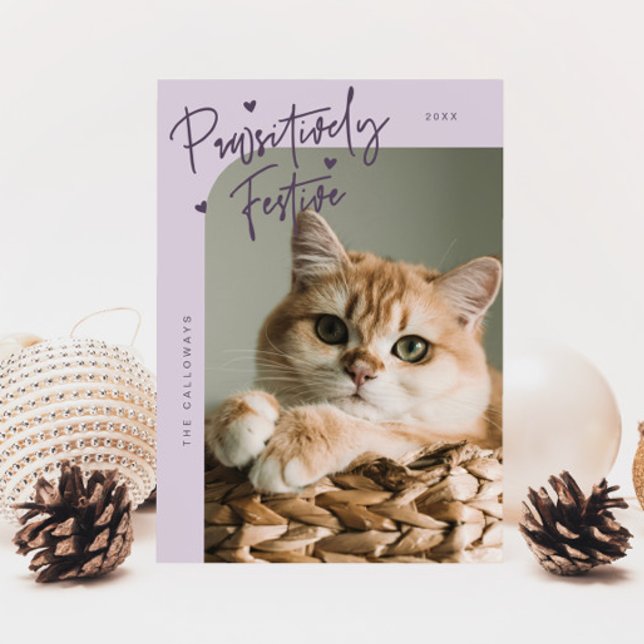 Pawsitively Festive Cat Photo Purple Christmas Holiday Card (Creator Uploaded)
