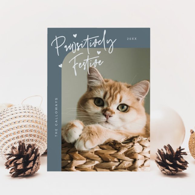 Pawsitively Festive Cat Photo Slate Blue Christmas Holiday Card (Creator Uploaded)