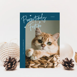 Pawsitively Festive Cat Photo Teal Christmas Holiday Card
