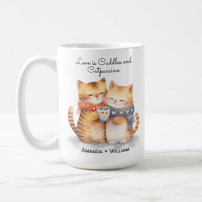 Pawsitively in Love Cute Cat Cuddle Cartoon Coffee Coffee Mug (Left)