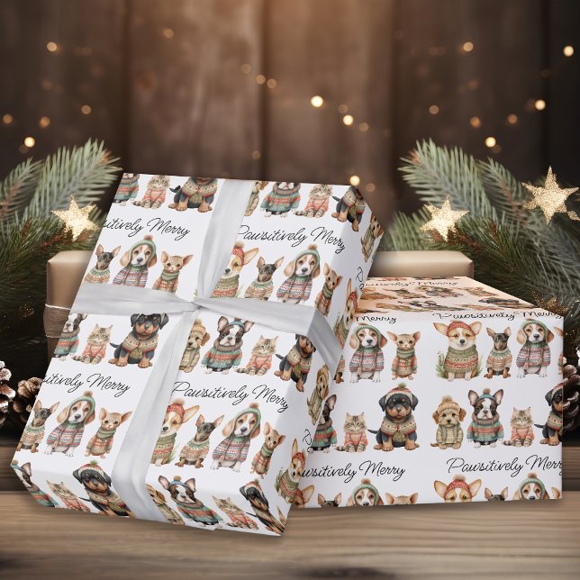 Pawsitively Merry Christmas Cute Dog Cat Pets Wrapping Paper (Creator Uploaded)
