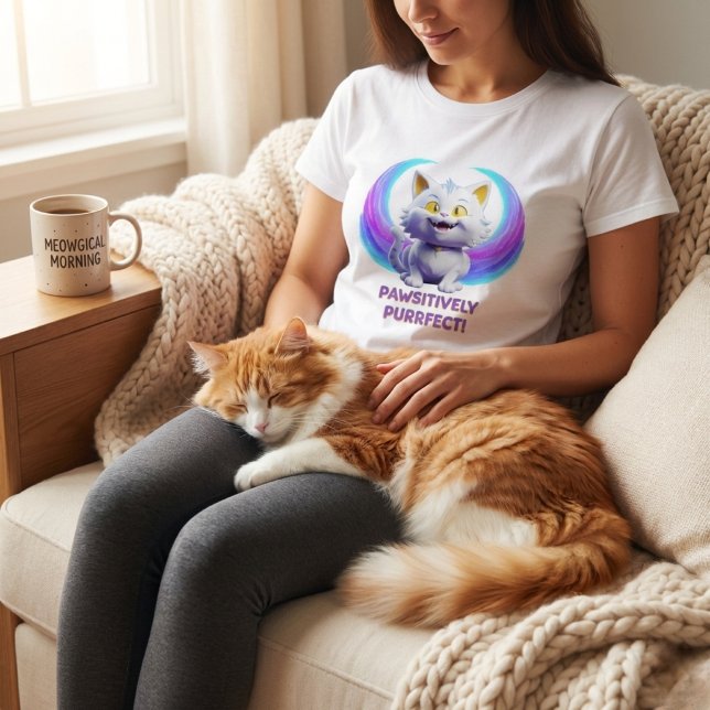 Pawsitively Purrfect Cute Cartoon White Cat Pun T-Shirt (Creator Uploaded)