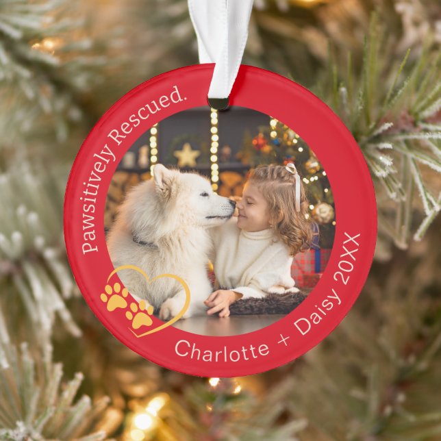 Pawsitively Rescued Pet Dog Photo Red Ornament (Tree)