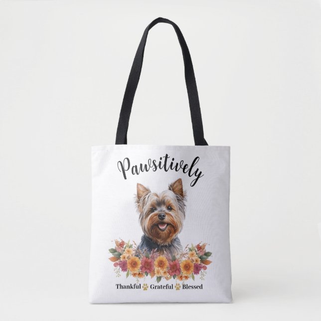 Pawsitively Thankful Grateful Blessed Cute Dog Tote Bag (Front)