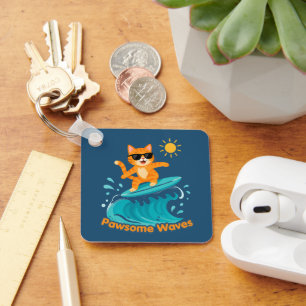 Pawsome Waves Surfing Orange Cat Acrylic / Metal Key Ring