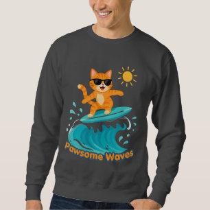 Pawsome Waves Surfing Orange Cat Cosy Crewneck Sweatshirt