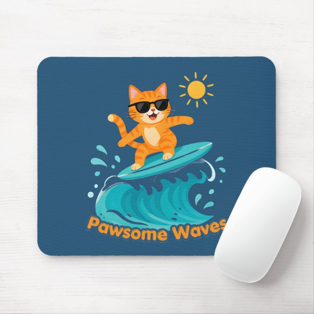 Pawsome Waves Surfing Orange Cat Mouse Pad (With Mouse)