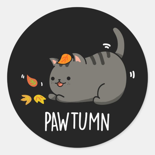Pawtumn cute Autumn Kitty Cat Pun Dark BG Classic Round Sticker (Front)
