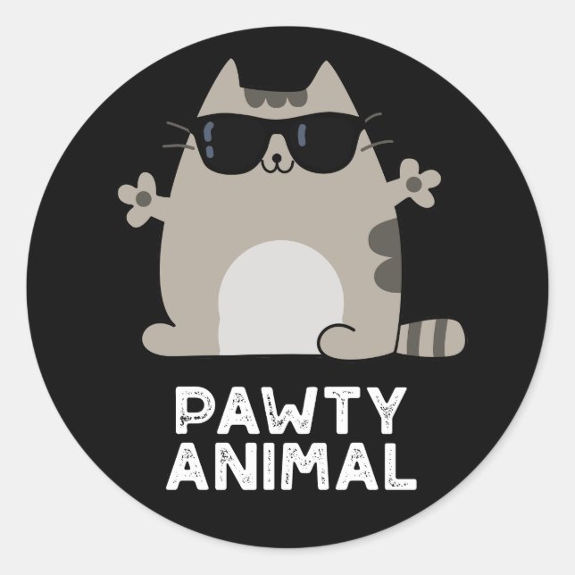 Pawty Animal Funny Party Cat Pun Dark BG Classic Round Sticker (Front)