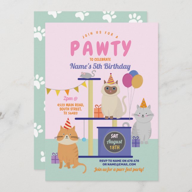 Pawty Birthday Cat Kitten Paw Girls Fun Invitation (Front/Back)