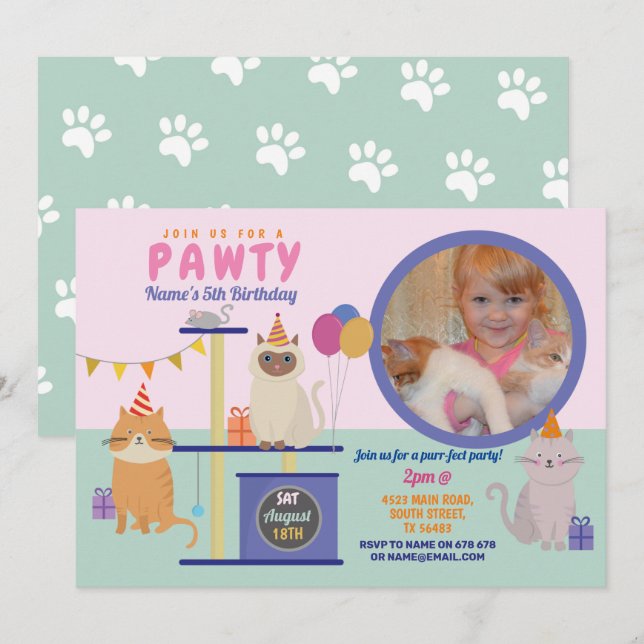 Pawty Birthday Cat Kitten Paw Girls Fun Photo Invitation (Front/Back)