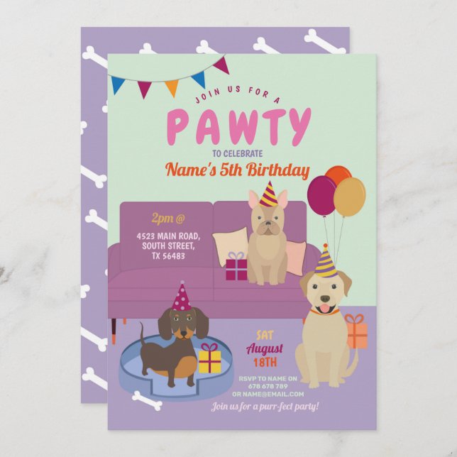 Pawty Birthday Dogs Party Puppy Fun Purple Invitation (Front/Back)