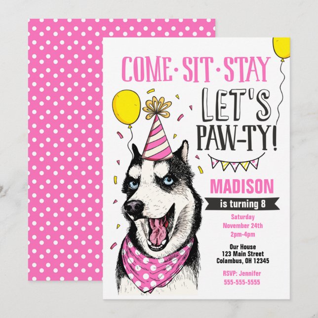 Pawty Birthday Invitation Dog Puppy Husky Girl (Front/Back)