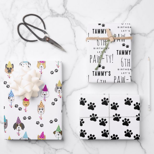 Pawty Cute Birthday Party Dogs Custom Name Age Wrapping Paper Sheet (Front)