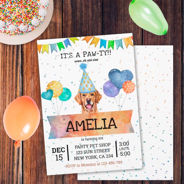 Pawty Golden Retriever Dog Puppy Birthday Invitation (Front and Back)