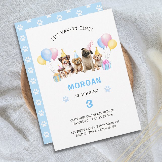 Pawty Puppy Dog Birthday Party Blue Invitation (Creator Uploaded)