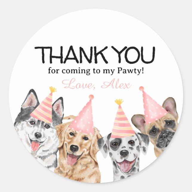 Pawty Puppy Dog Thank You Birthday Party favour  Classic Round Sticker (Front)