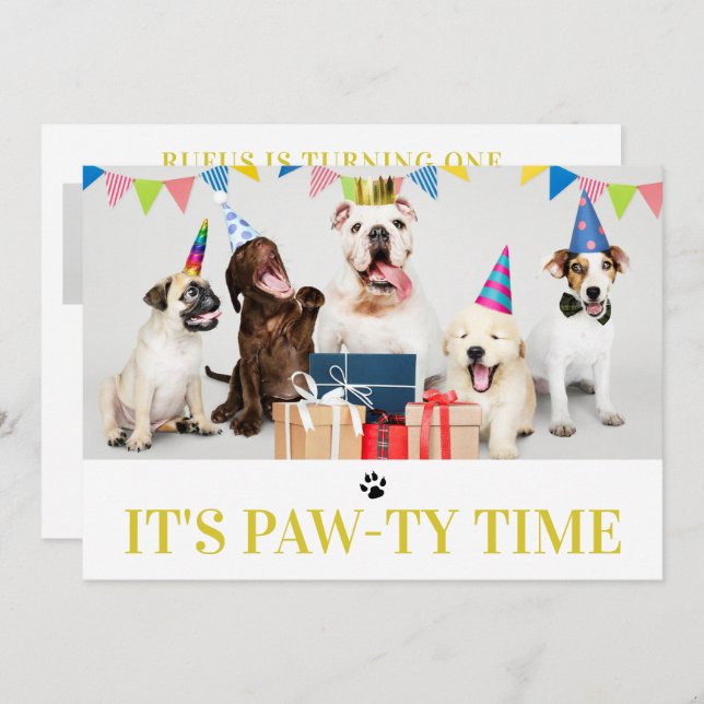 Pawty Time Dog Themed Birthday 5 Photo Card (Front/Back)