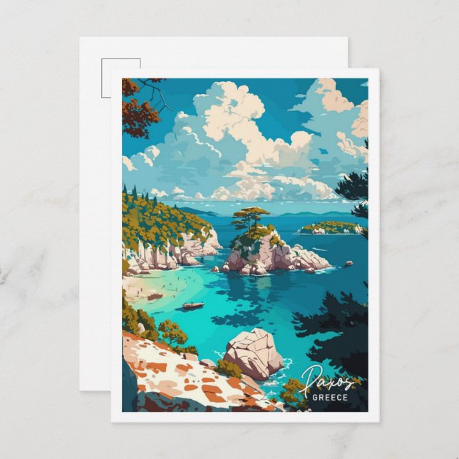 Paxos Greece Travel Vintage Illustration Postcard (Front/Back)