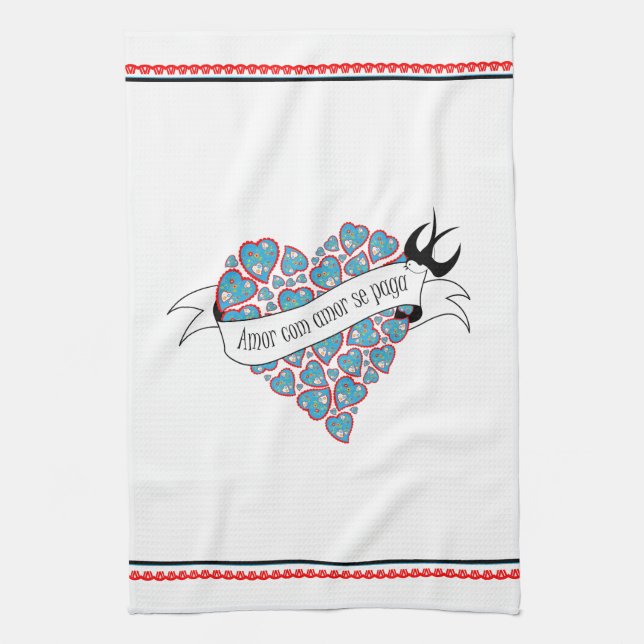 Pay love with love illustrated Portuguese proverb  Tea Towel (Vertical)