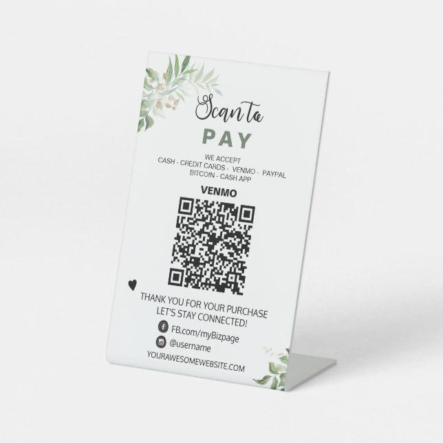 *~* PAY QR code Tabletop Table Tent  Pedestal Sign (Front)