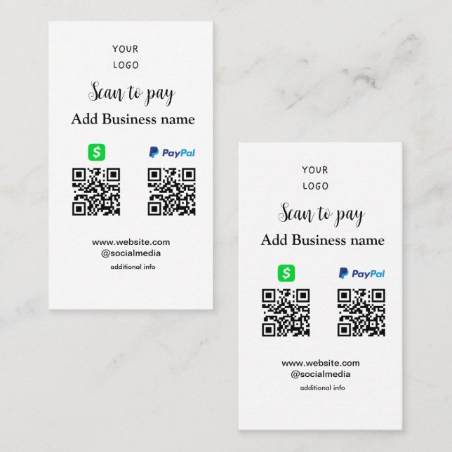 Paypal Cashapp scan to pay QR add business name lo Business Card (Front/Back)