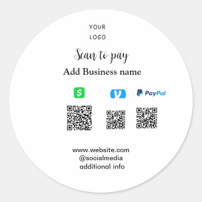 Paypal Cashapp venmo scan to pay QR add business Classic Round Sticker (Front)