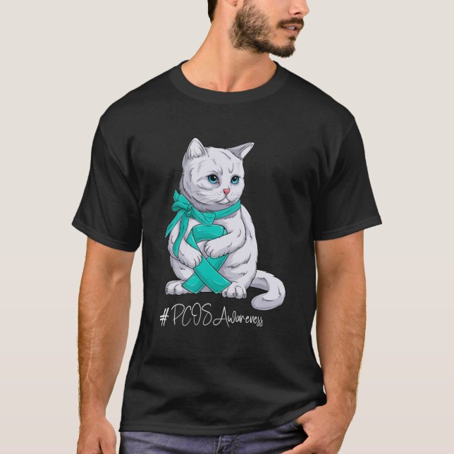 PCOS Awareness Month Teal Ribbon Cat T-Shirt (Front)