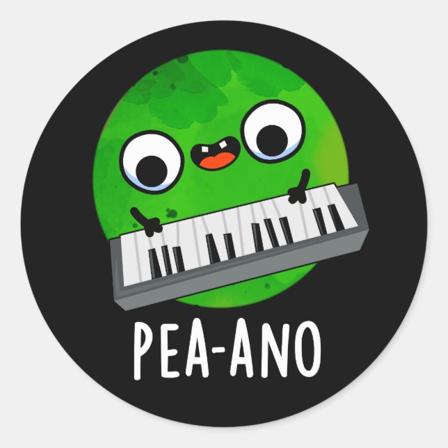 Pea-ano Funny Music Veggie Pea Pun Dark BG Classic Round Sticker (Front)