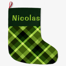 Pea Green Plaid Monogram Large Christmas Stocking