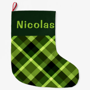 Pea Green Plaid Monogram Large Christmas Stocking