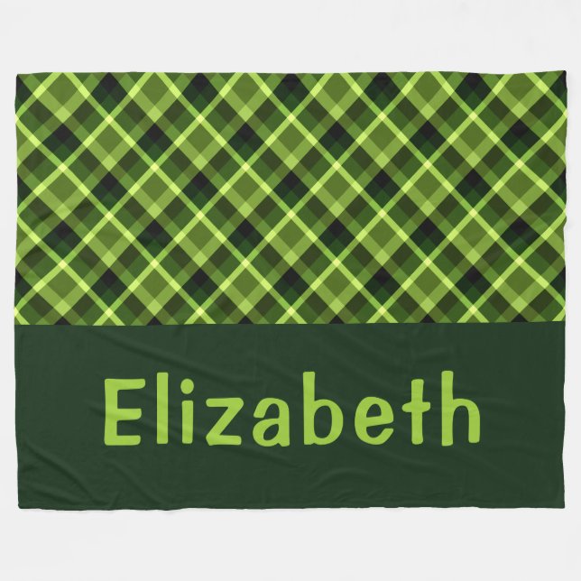 Pea Green Plaid Monogram Large Fleece Blanket (Front (Horizontal))