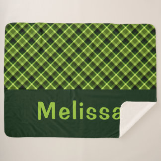 Pea Green Plaid Monogram Large Sherpa Blanket