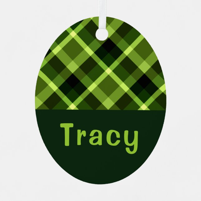 Pea Green Plaid Monogram Oval Metal Ornament (Front)