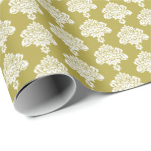 Pea Green White Damask Wrapping Paper