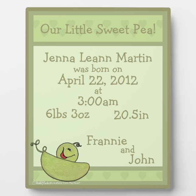 Pea Pod Baby Birth Information Plaque (Front)