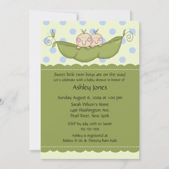 Pea Pod Twin Boys Baby Shower Invitations (Front)