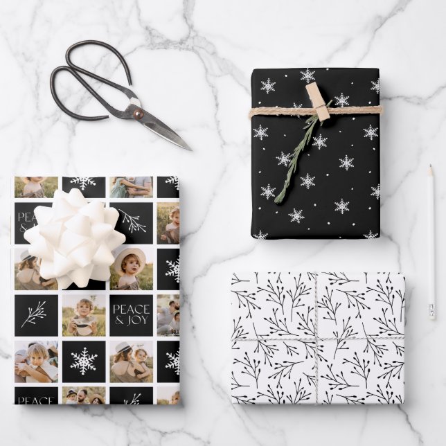 Peace and Joy Black Holiday Photo Collage Wrapping Paper Sheet (Front)