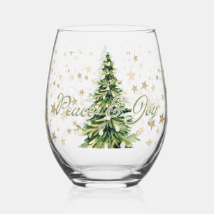 Peace And Joy Green Christmas Tree Stemless Wine Glass