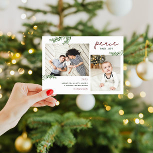 Peace and Joy   Greenery Branches 2 Photo Holiday Card