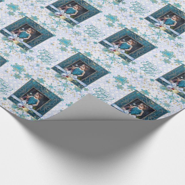 Peace and Joy in Blue with Your Photo Wrapping Paper (Corner)