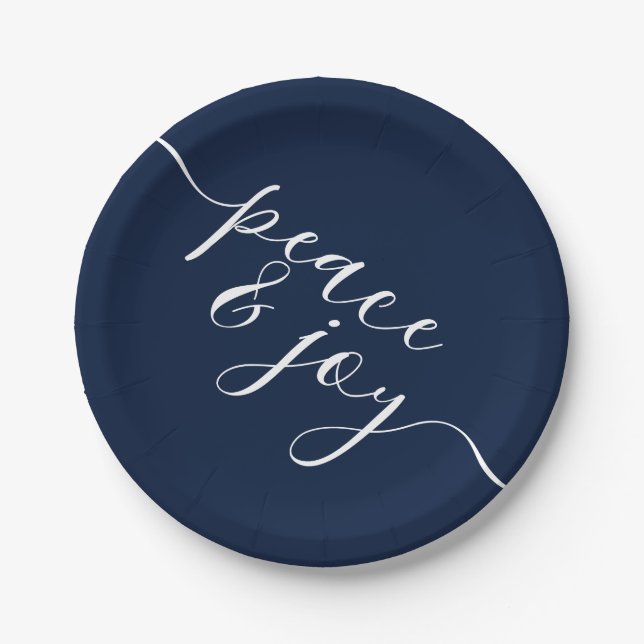 Peace And Joy Modern Blue And White Christmas Paper Plate (Front)