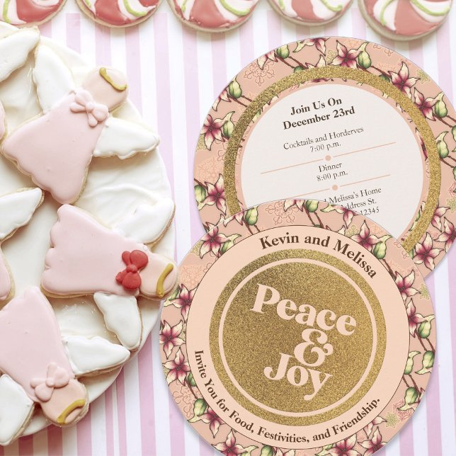 Peace and Joy, Pink and Gold Poinsettia  Invitation (Peace and Joy Pink and Gold Poinsettia Invitation)